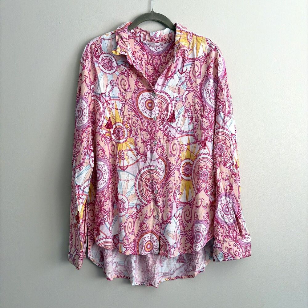 Jane + Delancey Womens Size Large Pink Nautical Button-Down Top Rayon Linen